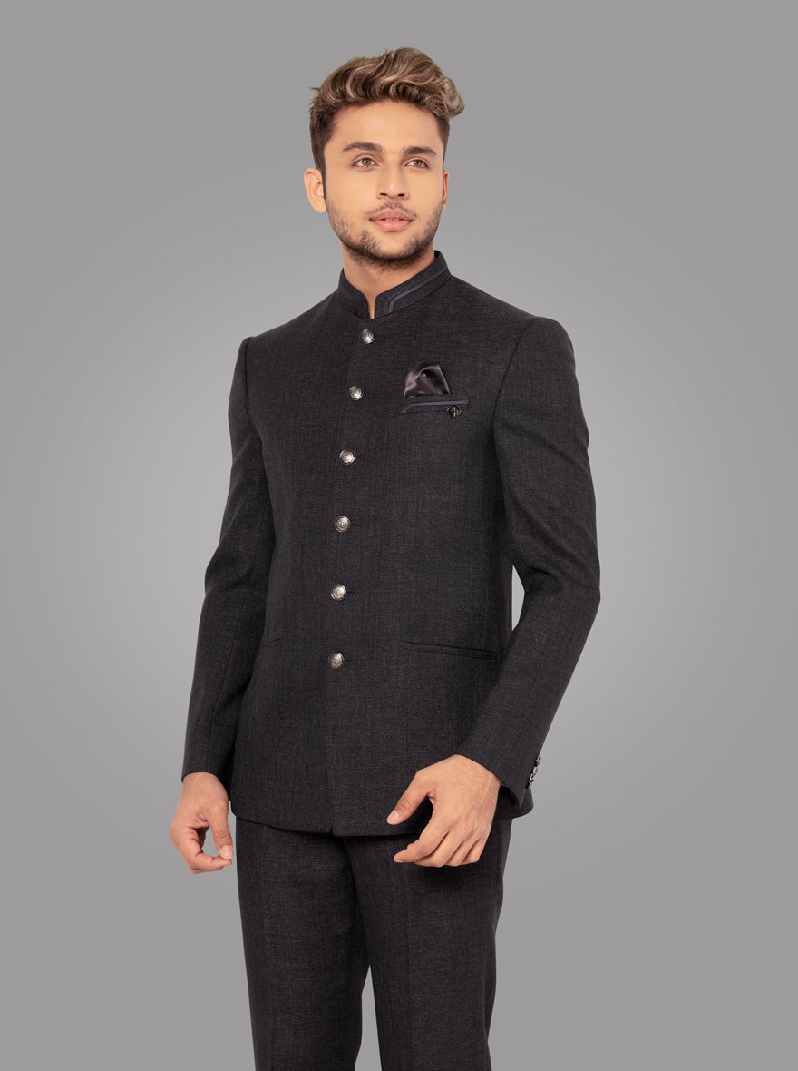 Full sleeve navy blue jodhpuri suit with traditional straight cut.
