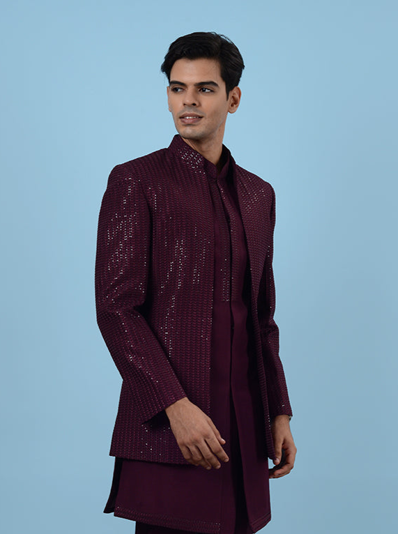 Wine SunSilk Indo Western | Embroidered Regular Fit Men’s Kurta