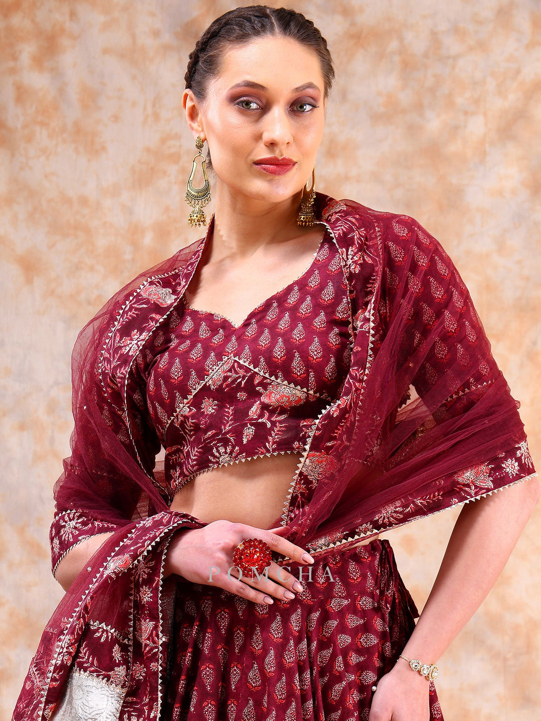 Radiate Royal Elegance | Dil Kash Maroon Lehenga with Lappa Work