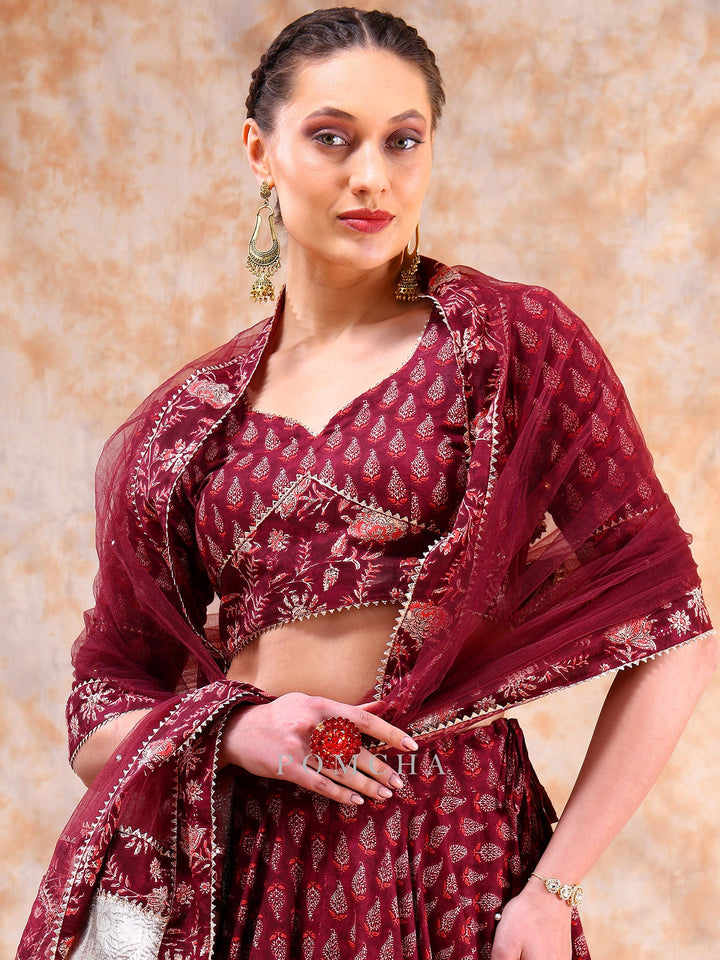 Radiate Royal Elegance | Dil Kash Maroon Lehenga with Lappa Work