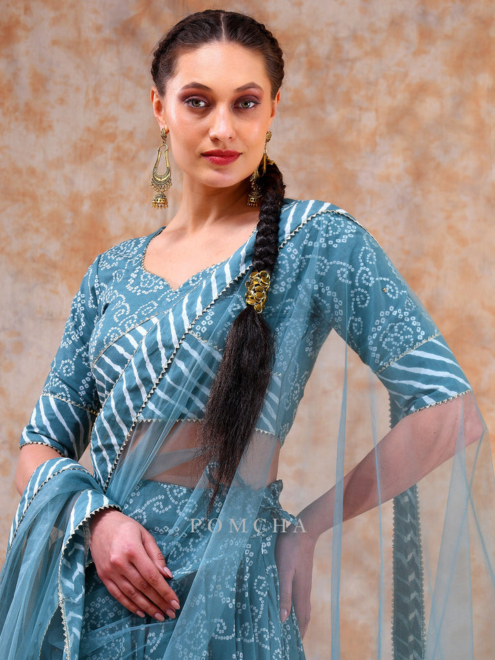 Stylish Powder Light Blue Lehenga Set | Cotton Blouse & Net Dupatta