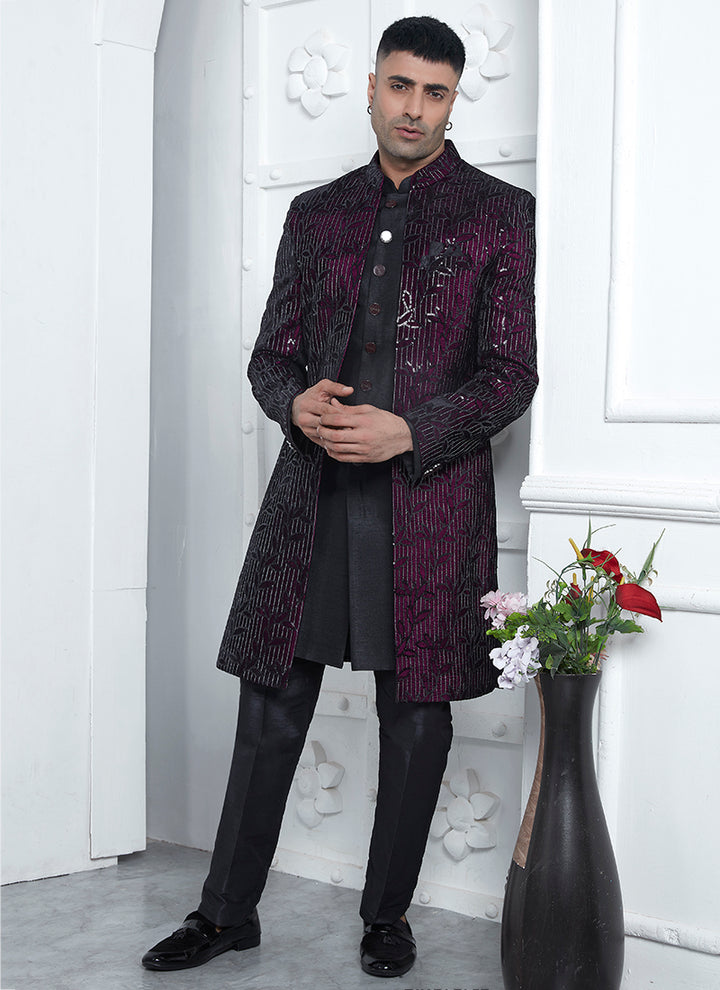 Wine Art Silk Sherwani | Perfect Wedding & Festive Wear for Men