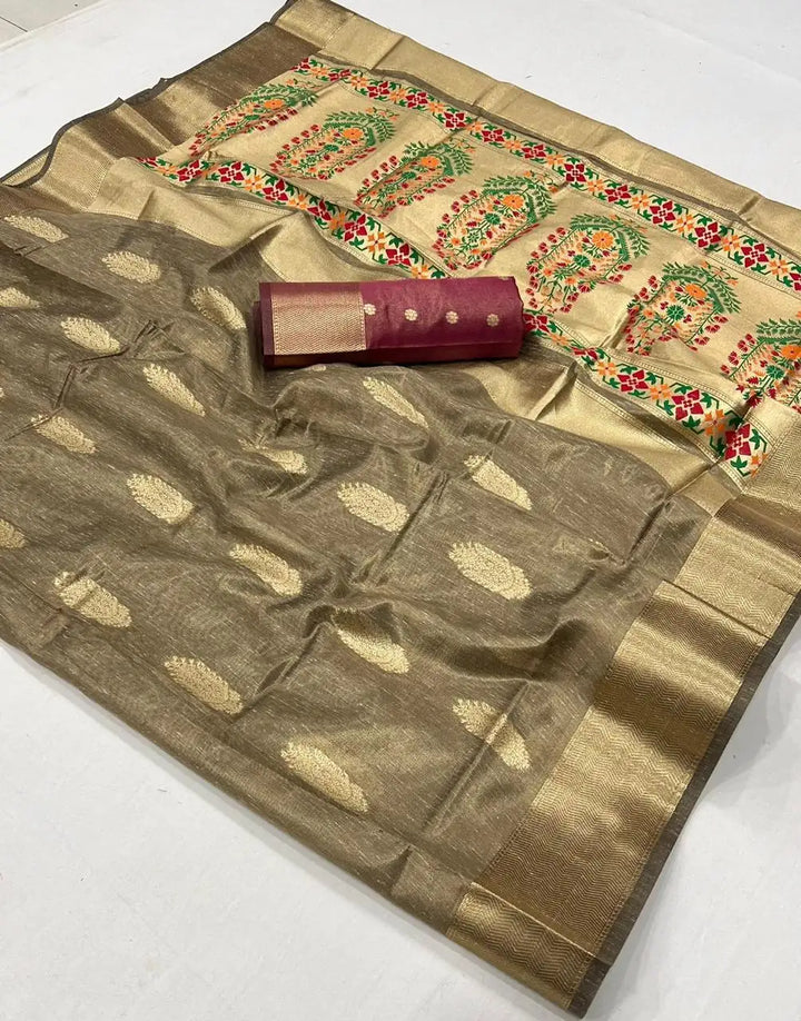 Beige Zari Paithani Saree with Blouse – SilverBin

