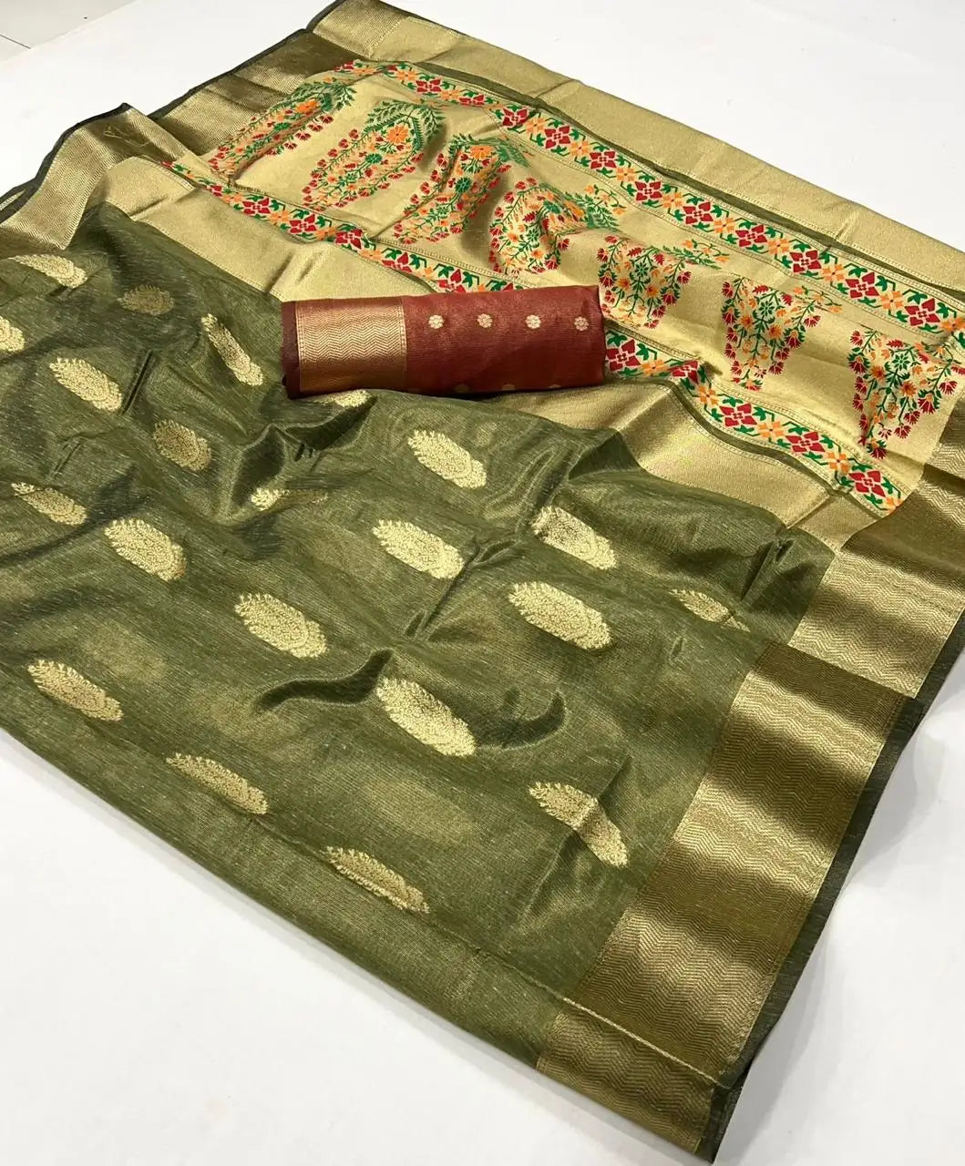 Dusty Green Paithani Silk Saree with Zari – SilverBin

