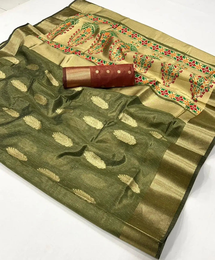 Dusty Green Paithani Silk Saree with Zari – SilverBin

