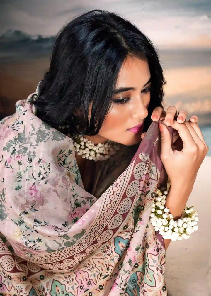 Beautiful Pink Cotton Silk Saree with Zari & Digital Print Details