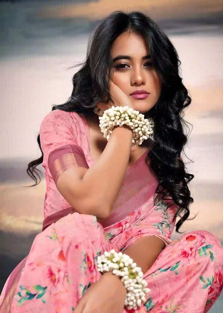 Beautiful Pink Cotton Silk Saree with Zari & Digital Print Details