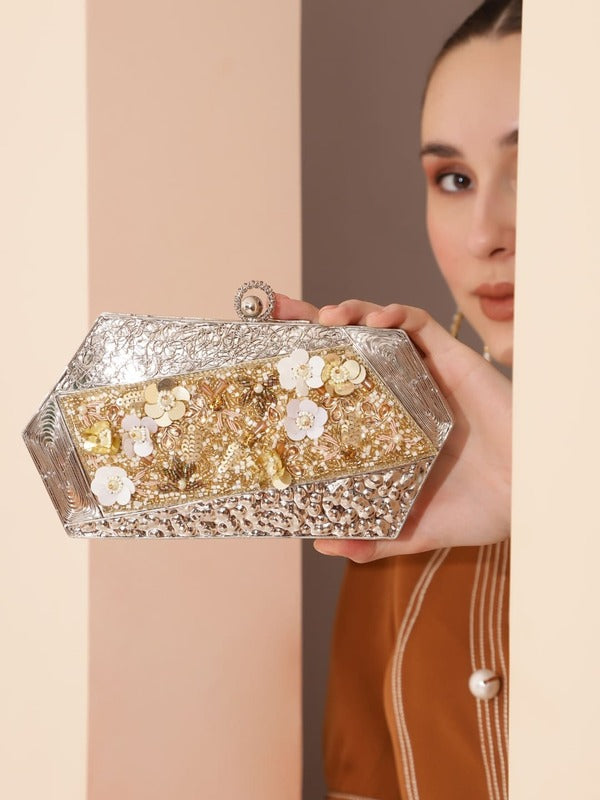 Fatima Silver Brass Clutch | Embellished Vintage Charm Evening Bag