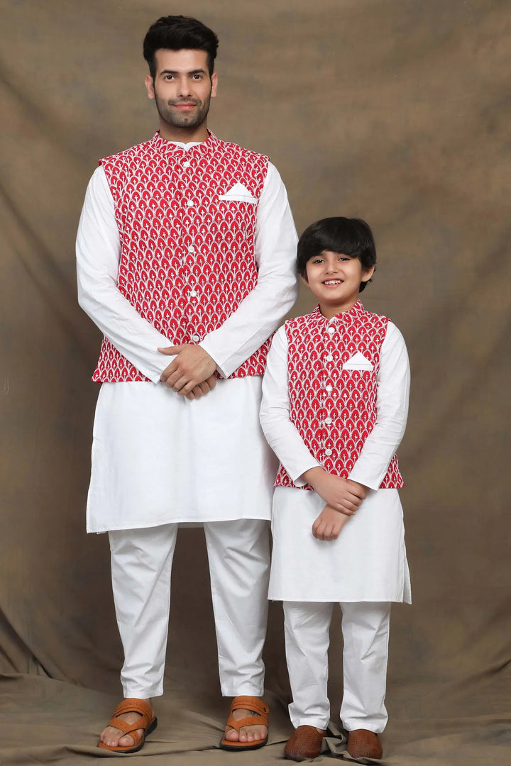 Embroidered Father and Son Matching Outfit in Fuchsia and White threadwork