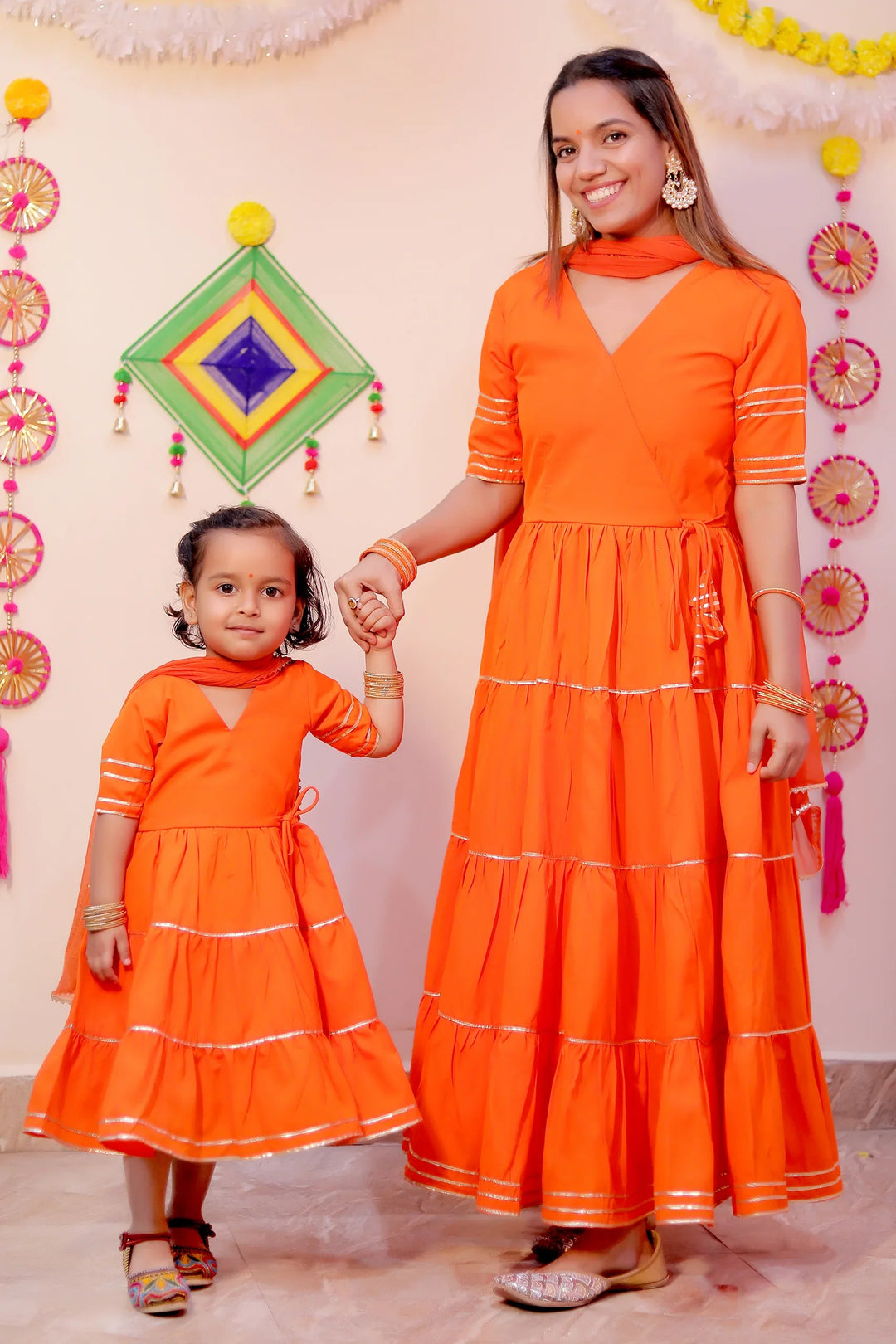 Orange Noor Angrakha Twin Set For Mom and Daughter