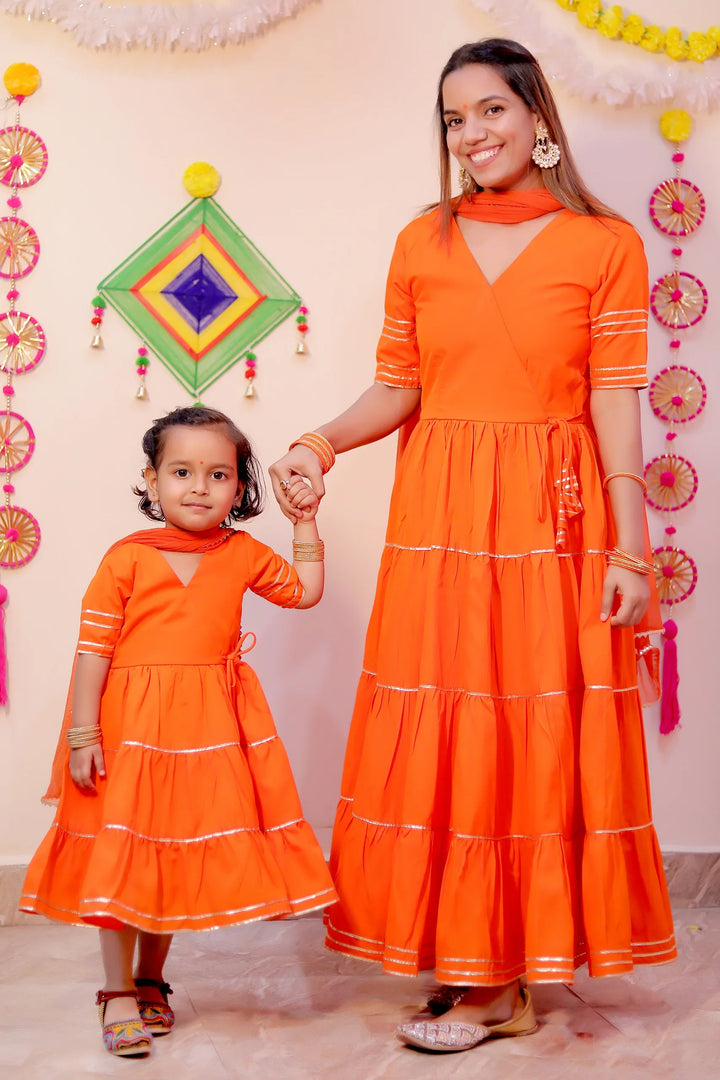 Orange Noor Angrakha Twin Set For Mom and Daughter