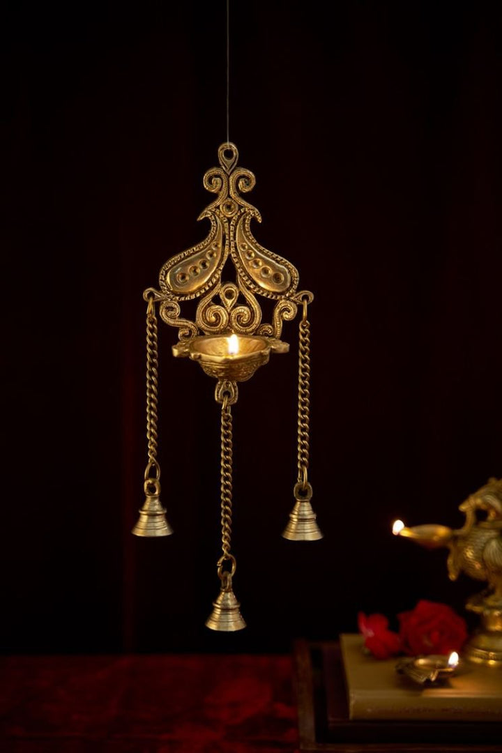 Kartikeya Brass Hanging Diya | Decorative Pooja Deepak with Bells