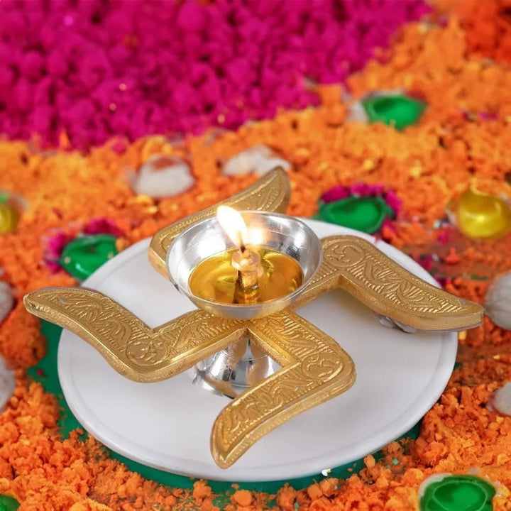 Swastik Diya | Traditional Brass Pooja Oil Lamp