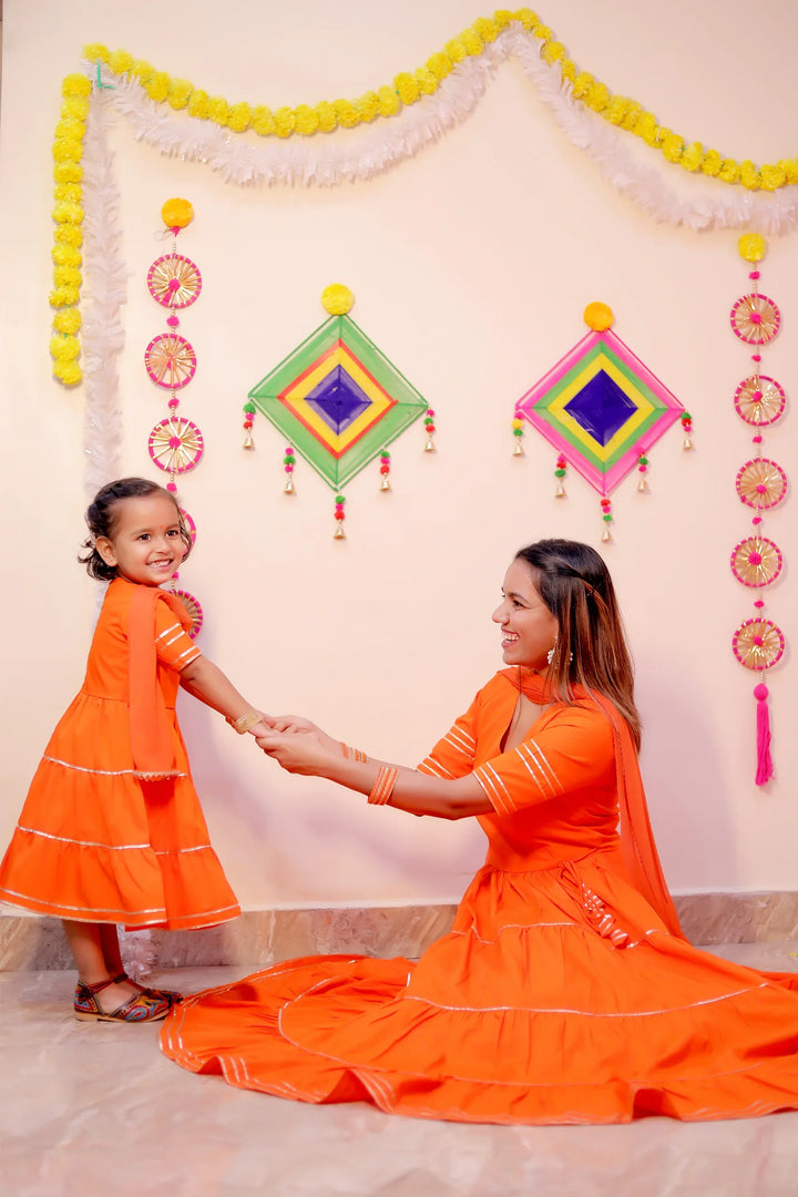 Orange Noor Angrakha Twin Set For Mom and Daughter