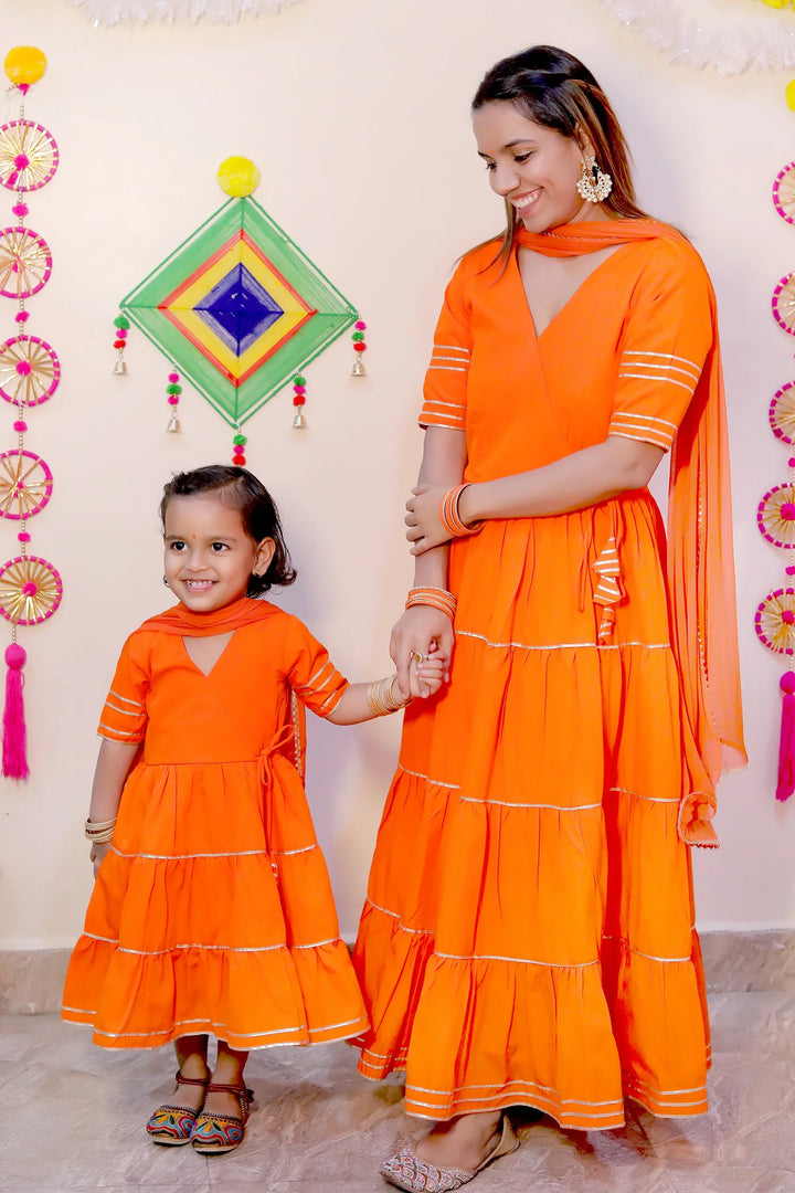 Orange Noor Angrakha Twin Set For Mom and Daughter
