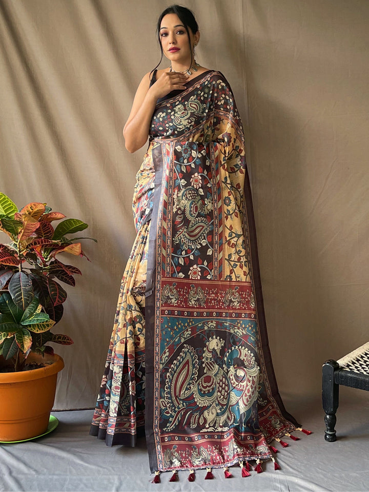 Spectacular Yellow Kalamkari Printed Cotton Traditional Saree
