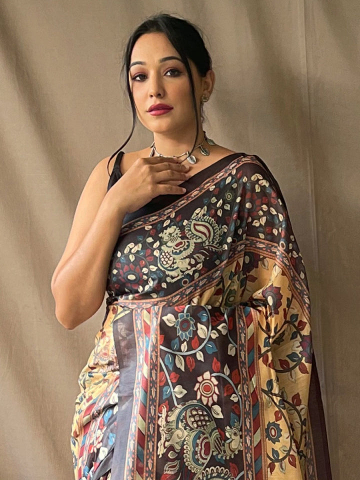 Spectacular Yellow Kalamkari Printed Cotton Traditional Saree