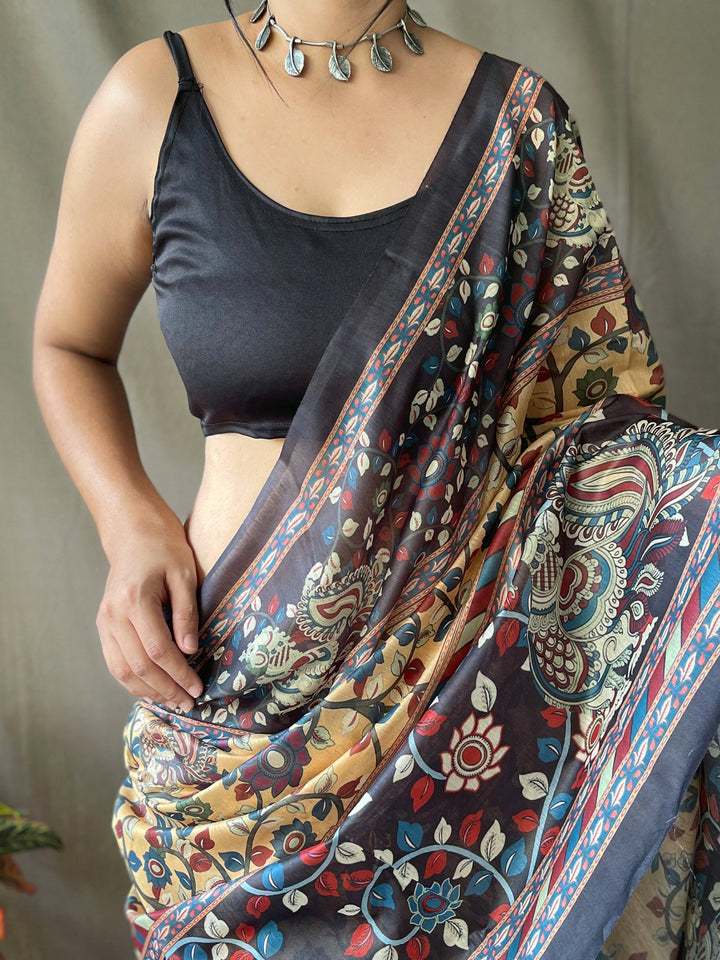 Spectacular Yellow Kalamkari Printed Cotton Traditional Saree
