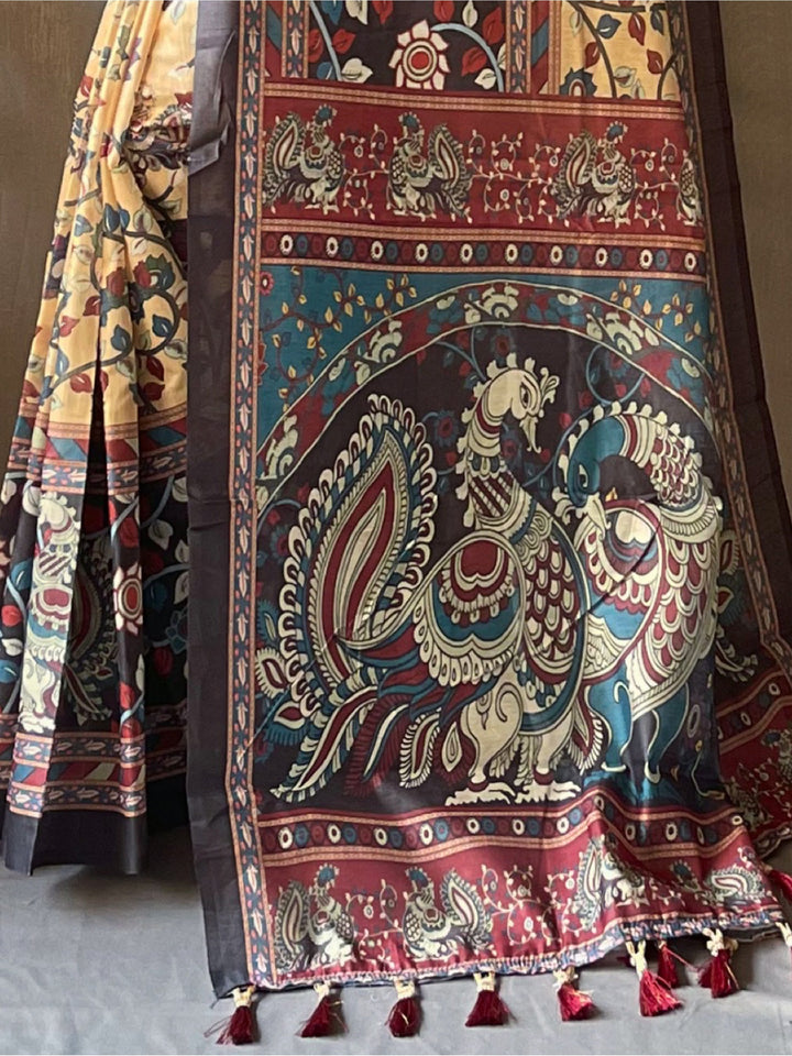 Spectacular Yellow Kalamkari Printed Cotton Traditional Saree