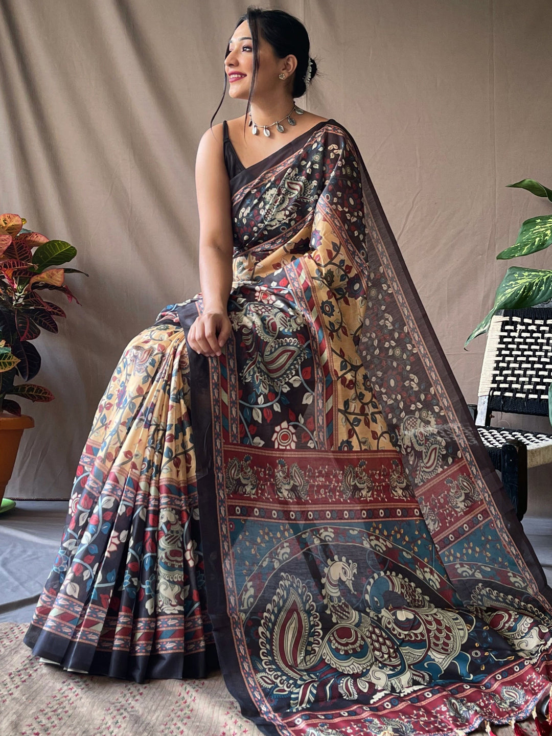 Spectacular Yellow Kalamkari Printed Cotton Traditional Saree