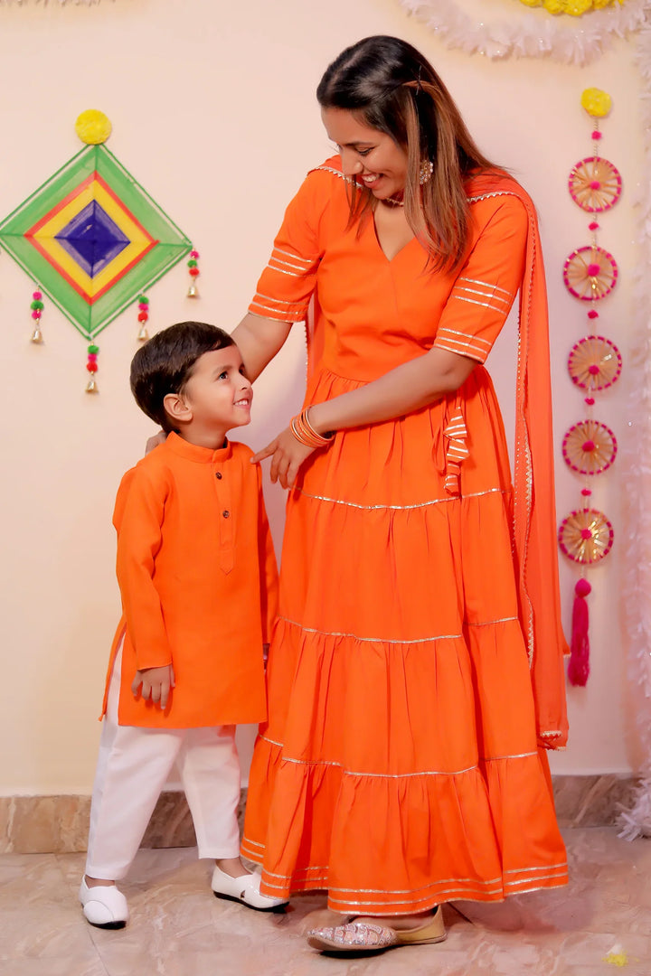 Orange Noor Angrakha Set With Matching Kurta Payjama Mother and Son Twin Set