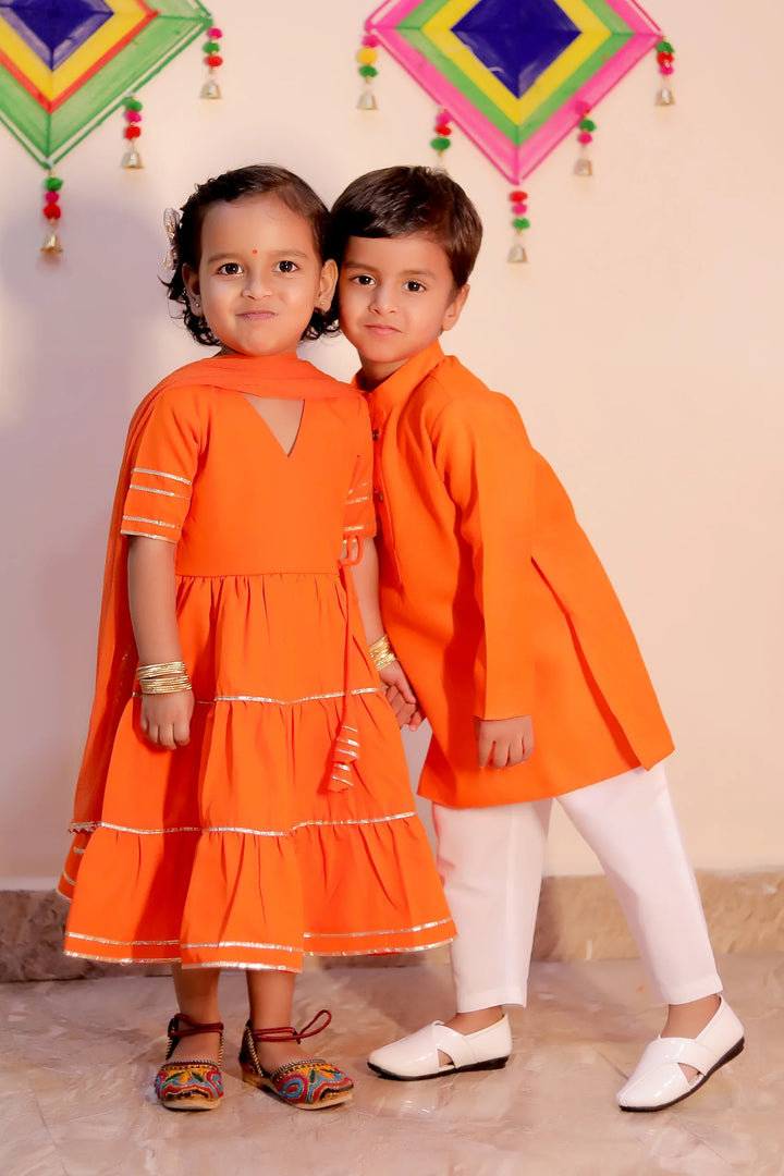 Orange Noor Angrakha Set With Matching Kurta & Pyjama for Brother-Sister Duo