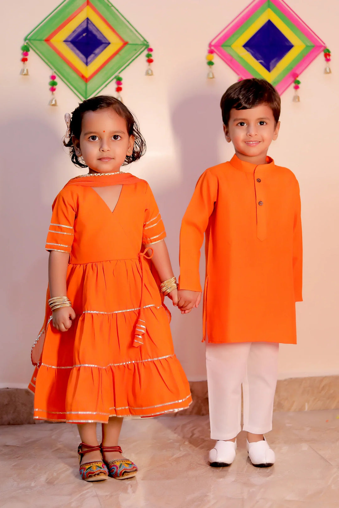 Orange Noor Angrakha Set With Matching Kurta & Pyjama for Brother-Sister Duo