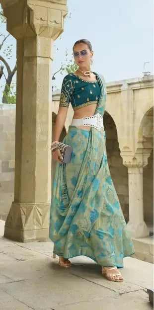 Opulent Sea Green Jacquard Saree with Swarovski Work & Art Silk Blouse