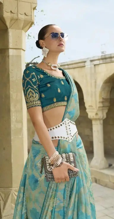 Opulent Sea Green Jacquard Saree with Swarovski Work & Art Silk Blouse