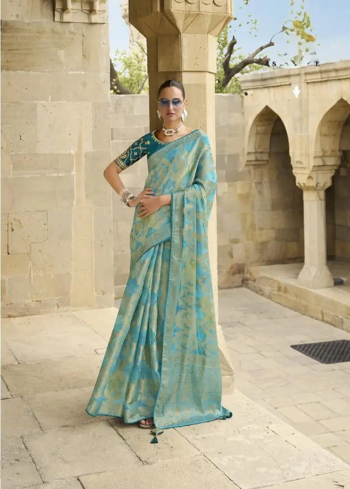 Opulent Sea Green Jacquard Saree with Swarovski Work & Art Silk Blouse