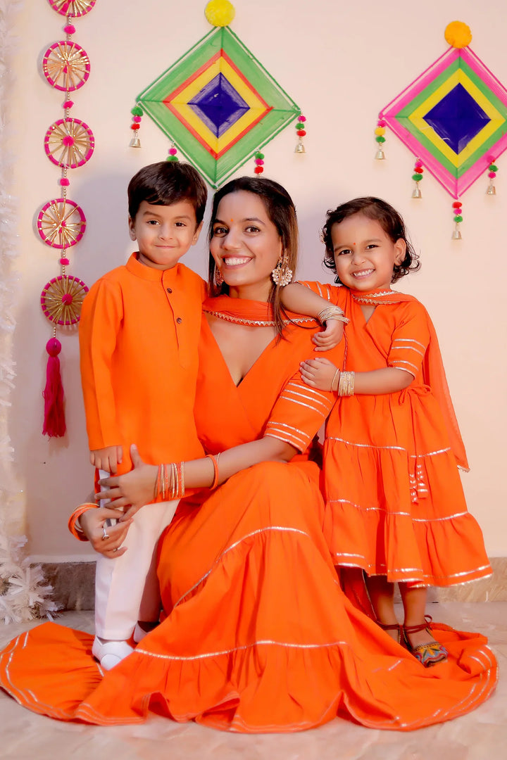 Orange Noor Angrakha Twin Set For Mom and Daughter