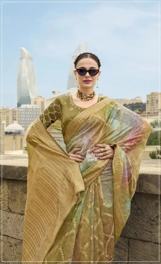 Stylish Jacquard Saree with Digital Print & Swarovski Work Pallu