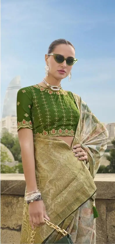 Light Green Jacquard Saree with Swarovski Embroidery Blouse for Festive