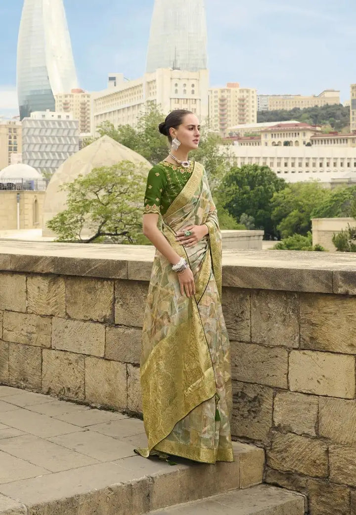 Light Green Jacquard Saree with Swarovski Embroidery Blouse for Festive