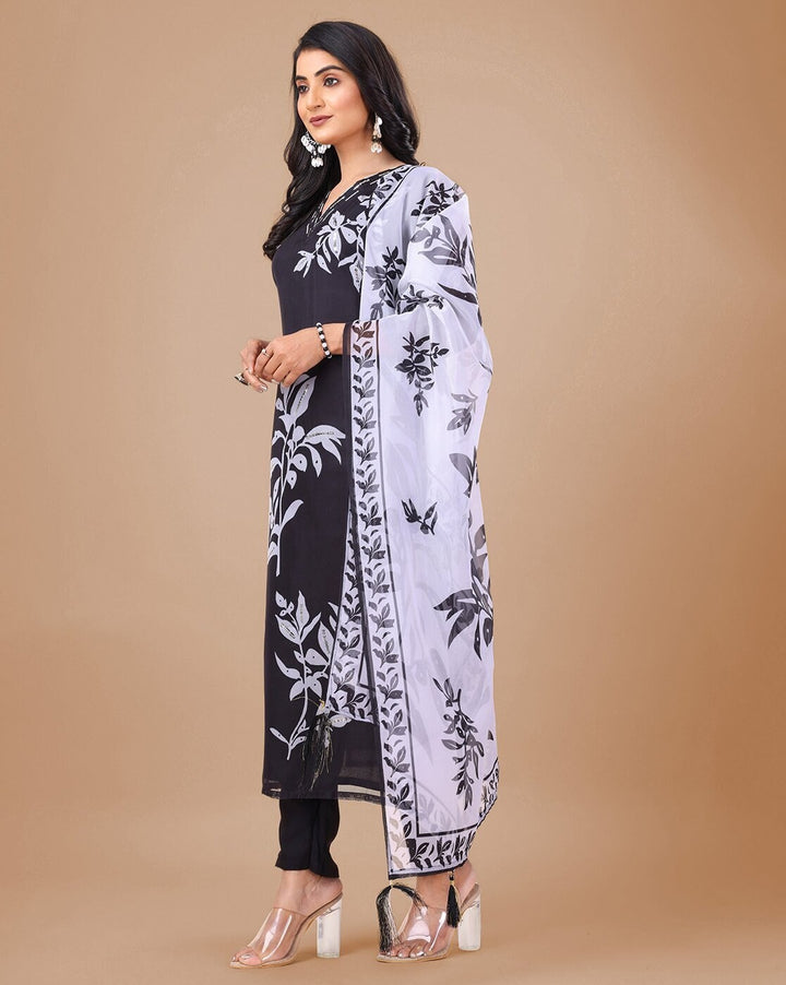 Floral Print Kurta Pant Dupatta Set | Digital Thread Zari Work Kurti