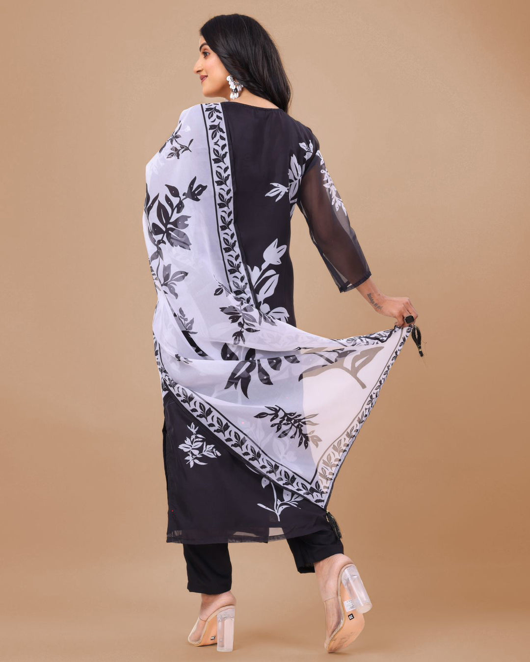 Floral Print Kurta Pant Dupatta Set | Digital Thread Zari Work Kurti