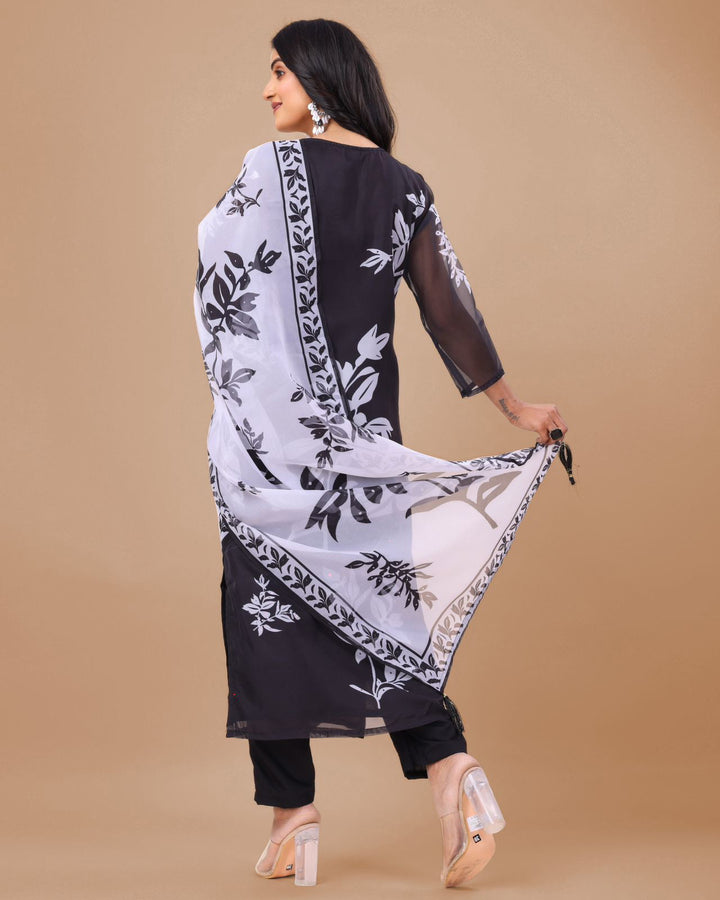 Floral Print Kurta Pant Dupatta Set | Digital Thread Zari Work Kurti