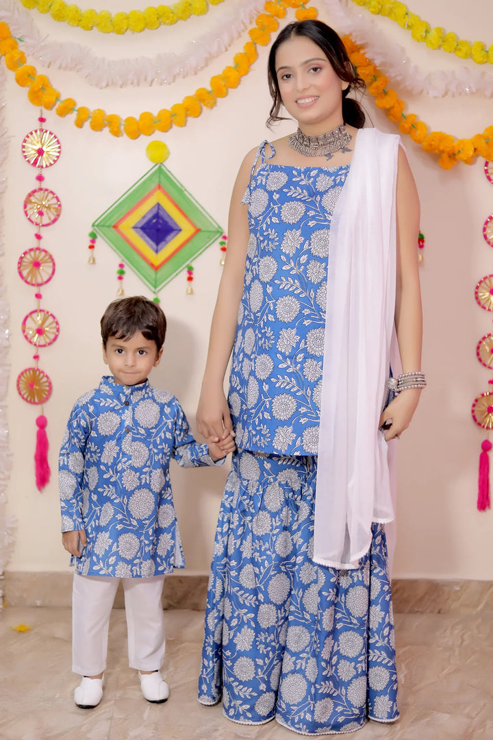 Blue Floral Cotton Suit Set With Matching Kurta Payjama Mother and Son Twin Set