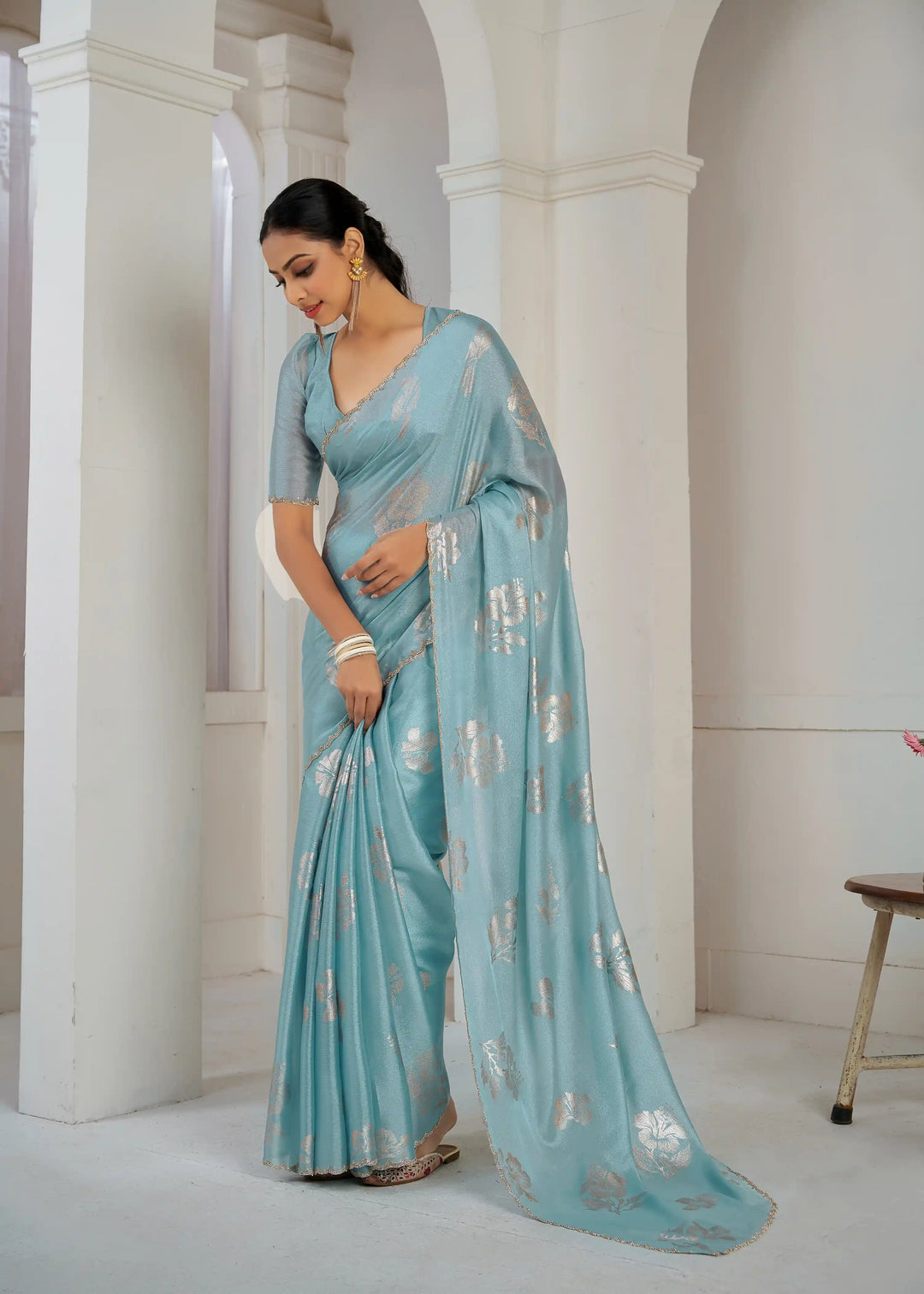 Stunning Party Wear Satin Silk Saree with Designer Handwork