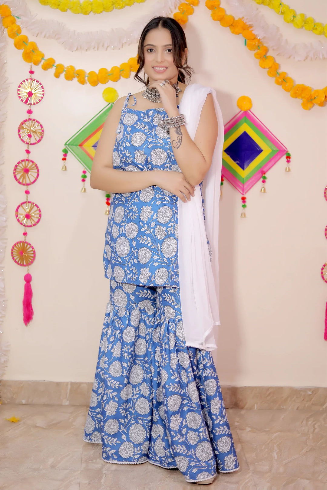 Blue Floral Cotton Suit Set With Matching Kurta Payjama Mother and Son Twin Set