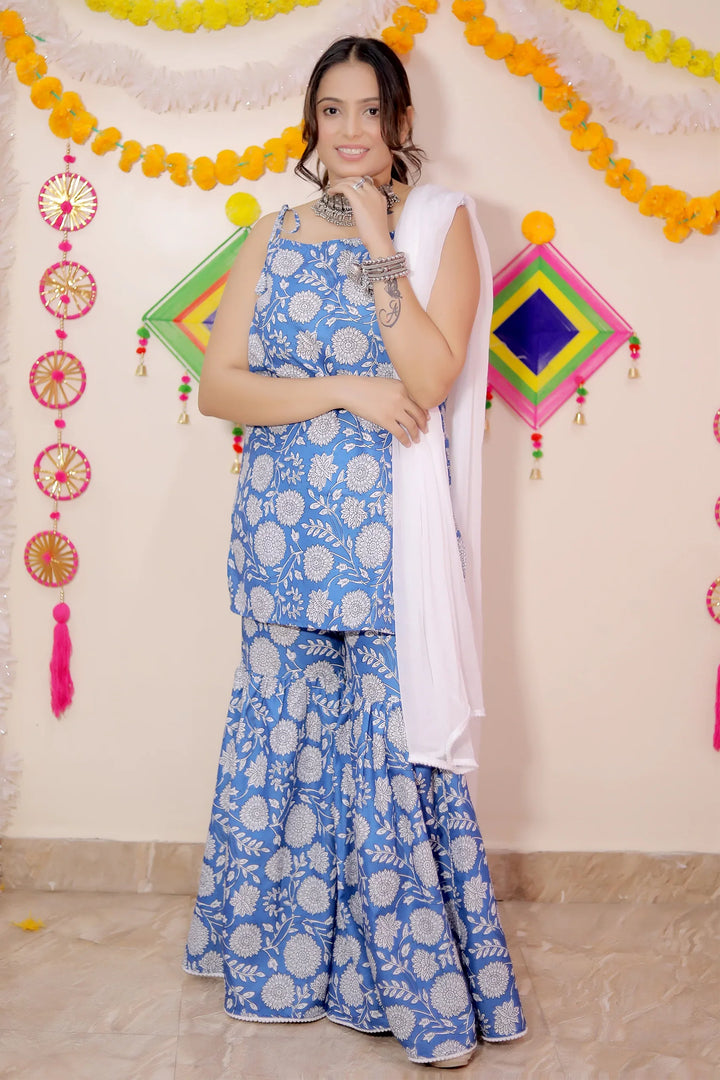 Blue Floral Cotton Suit Set With Matching Kurta Payjama Mother and Son Twin Set
