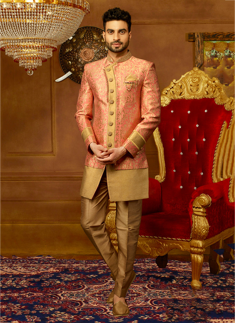 Dark Peach Brocade Sherwani | Elegant Embroidery Work for Party Wear