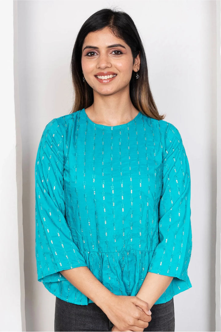 Twinning in Style: Blue & Silver Peplum Tops for Mom & Daughter