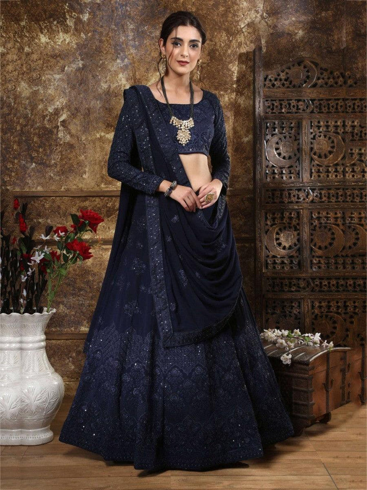 Lovely Navy Blue Embroidered | Georgette Wedding Wear Lehenga Choli Collection