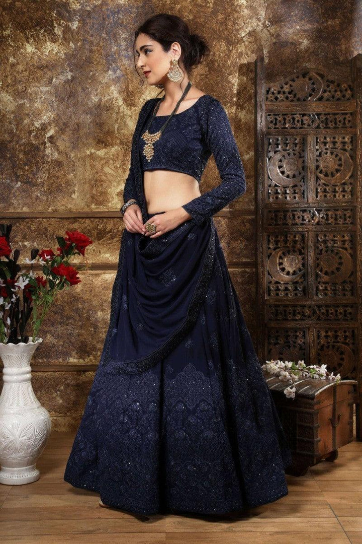 Lovely Navy Blue Embroidered | Georgette Wedding Wear Lehenga Choli Collection
