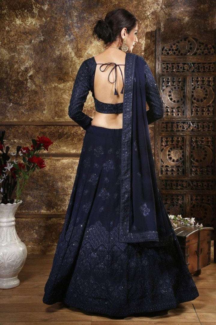 Lovely Navy Blue Embroidered | Georgette Wedding Wear Lehenga Choli Collection