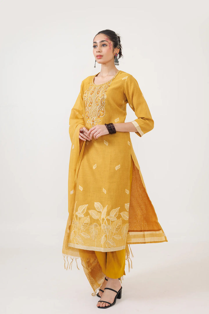 Mustard Salwar Kameez | Beautiful chanderi jamdani weaving designer hand work