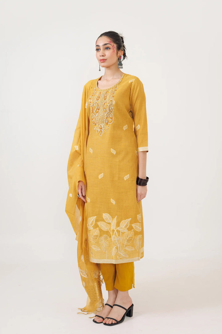 Mustard Salwar Kameez | Beautiful chanderi jamdani weaving designer hand work