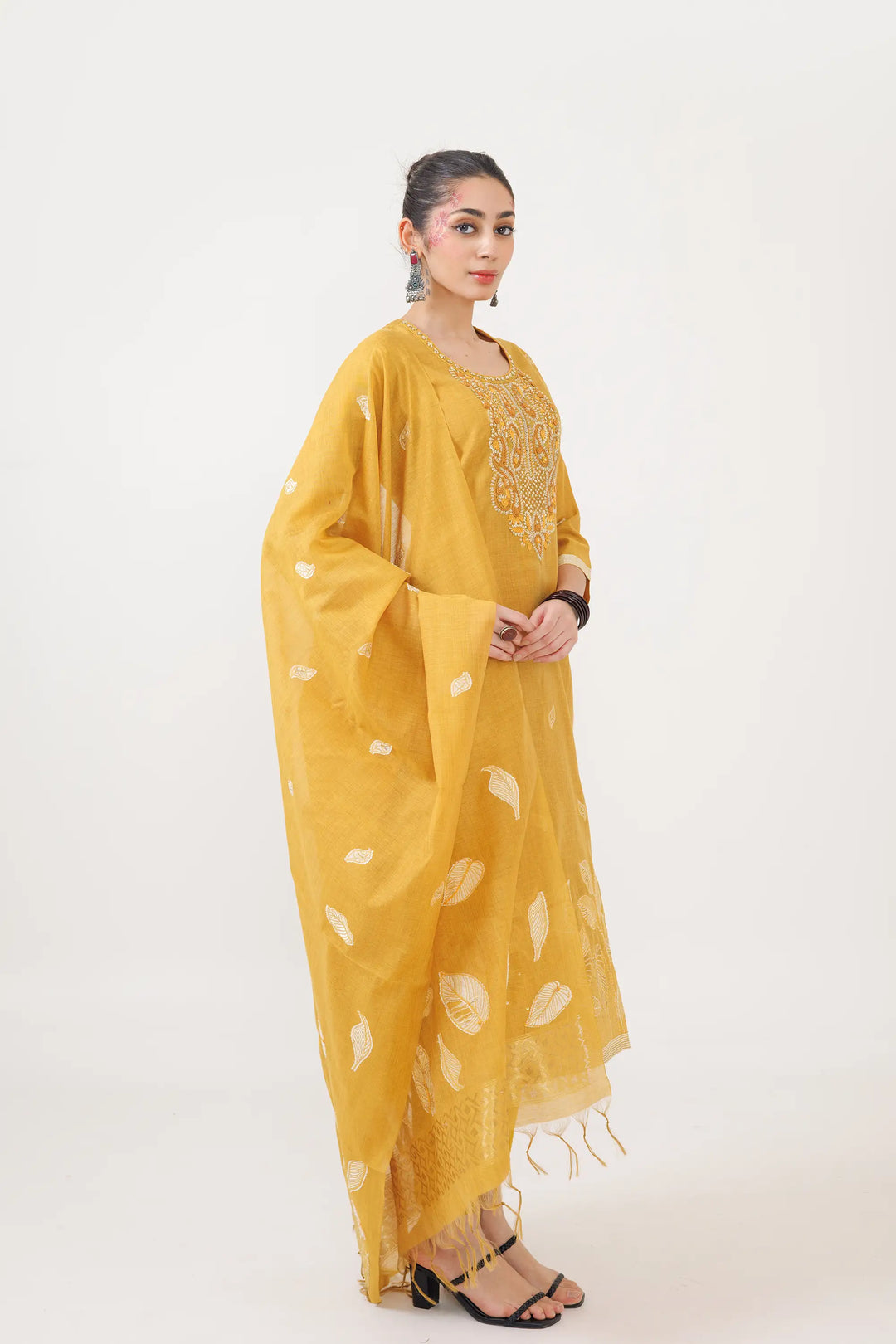 Mustard Salwar Kameez | Beautiful chanderi jamdani weaving designer hand work