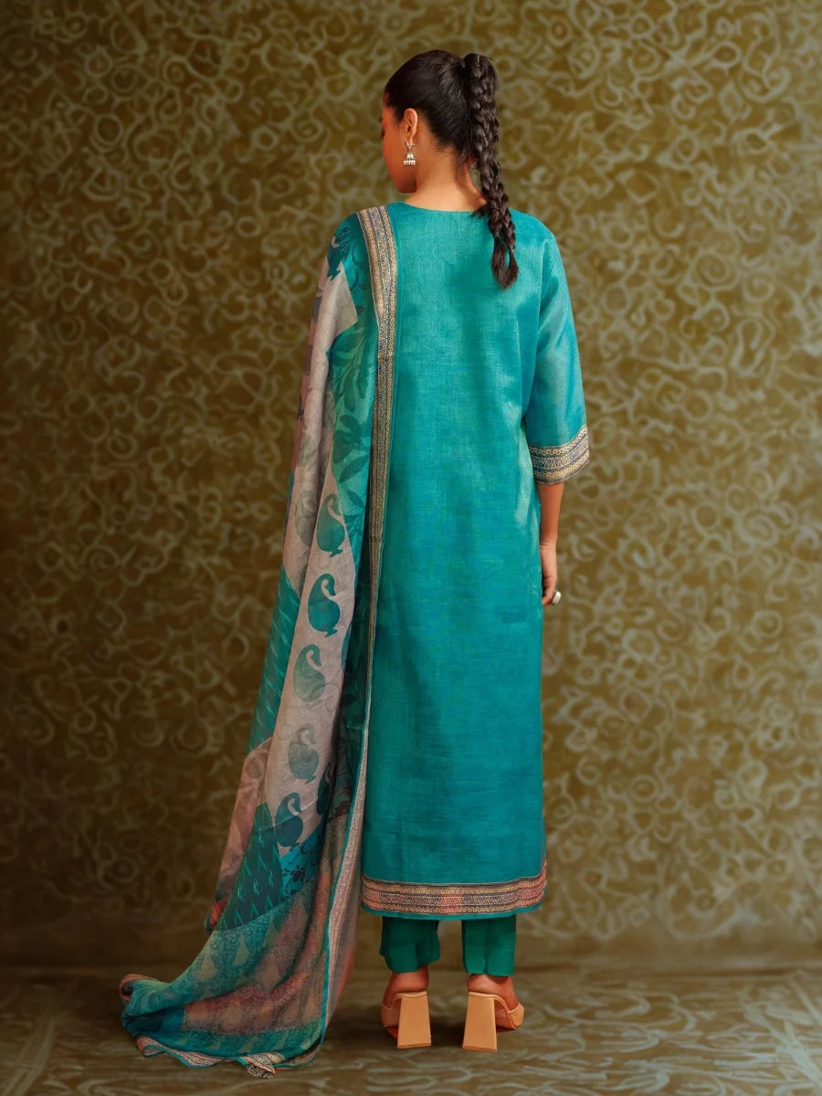 Teal Kurti Set in Linen Tissue-Silk with Digital Print & Hand Embroidery Work